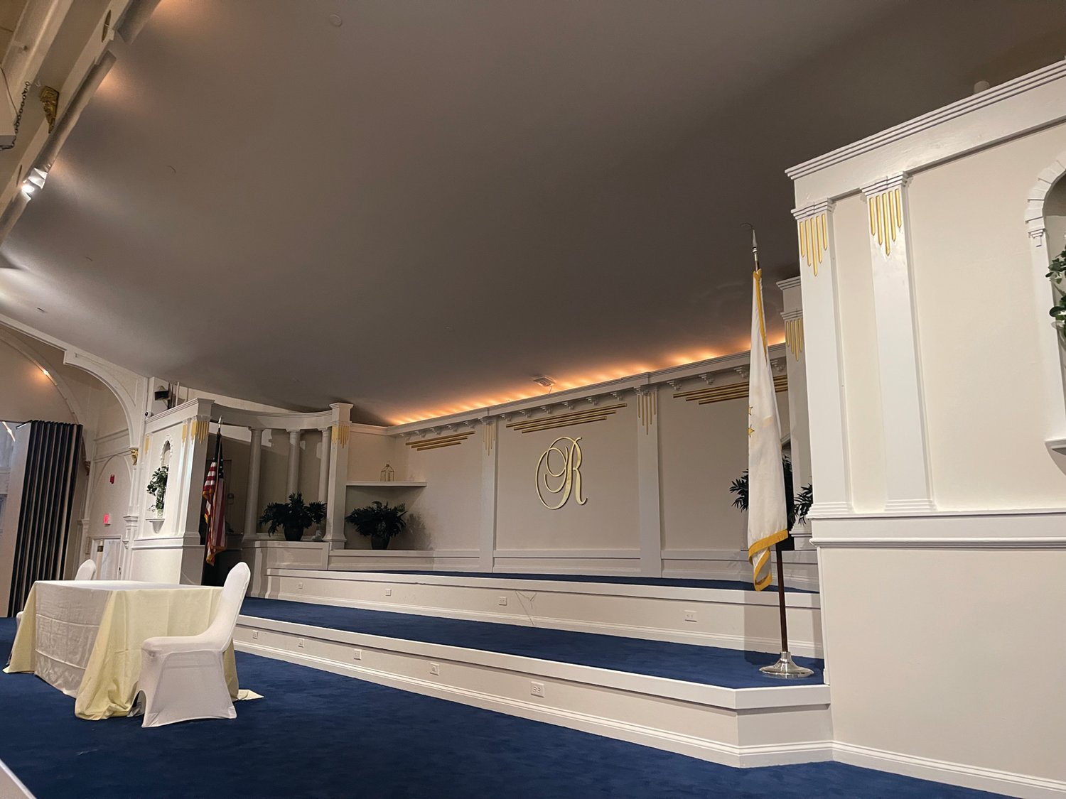 CENTER STAGE: New paint and carpeting on the Rhodes on the Pawtuxet Ballroom stage are among the improvements made in recent months.